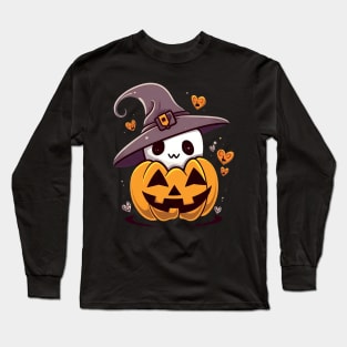 Lovely Ghost in a Pumpkin with witch hat Long Sleeve T-Shirt